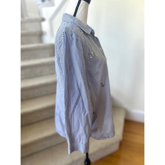 Talbots Blue & White Pin Stripe Rhinestone Bug & Flower Button Down - Picture 7 of 8